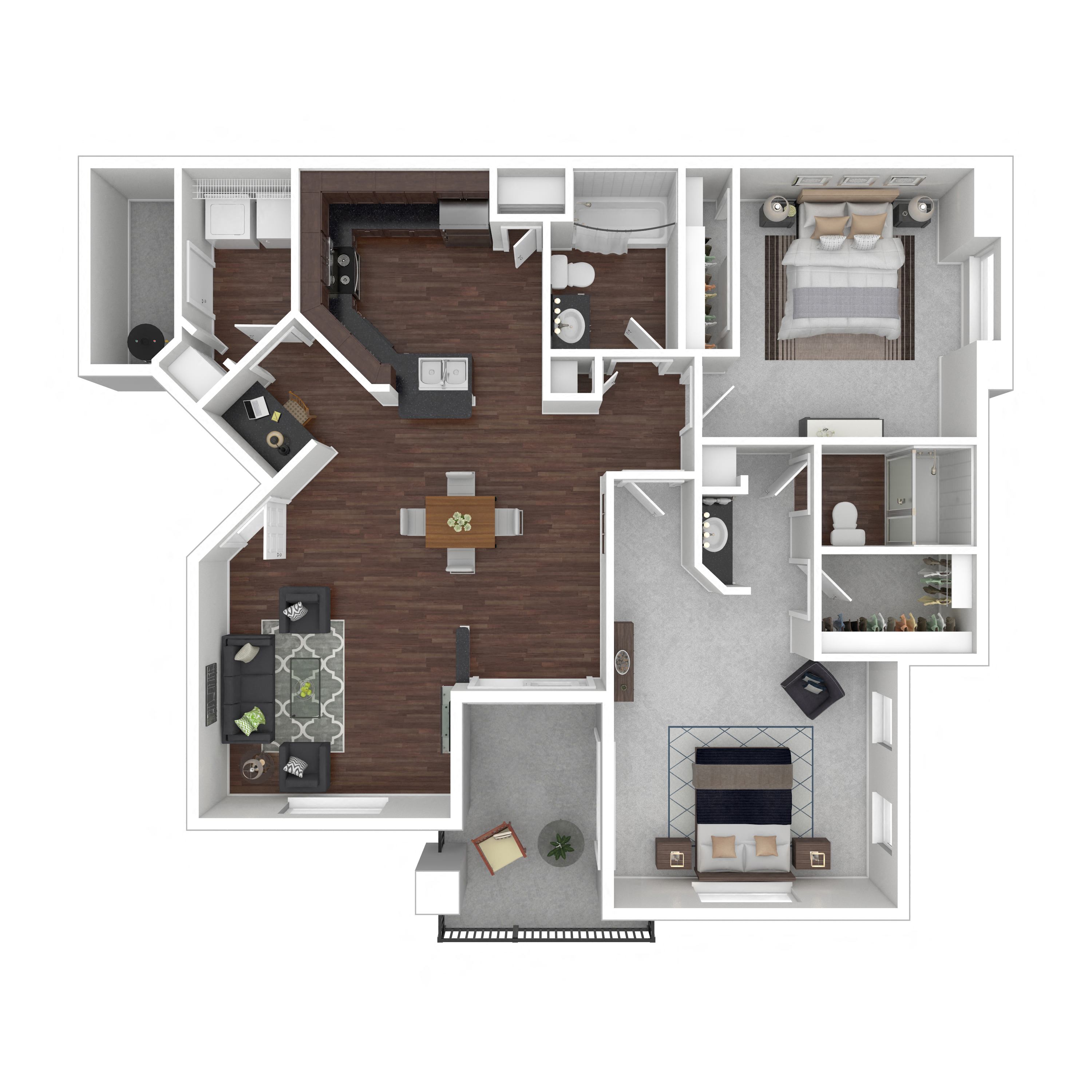 Floor plan for 2 beds, 2 baths, 1173 sqft