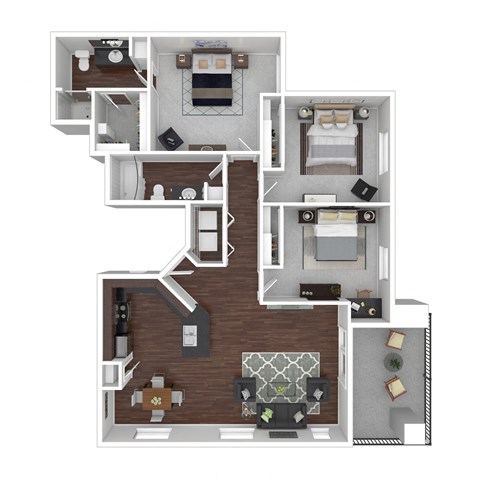 Floor plan for 3 beds, 2 baths, 1249 sqft