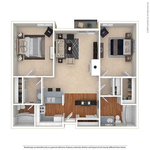 Floor plan for 2 beds, 2 baths, 1022 sqft