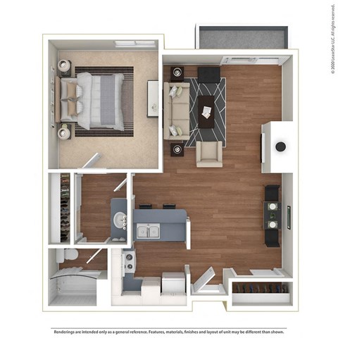 Floor plan for 1 bed, 1 bath, 679 sqft
