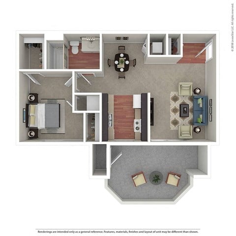 Floor plan for 1 bed, 1 bath, 740 sqft
