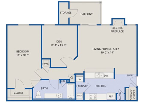 Floor plan for 1 bed, 1 bath, 1094 sqft