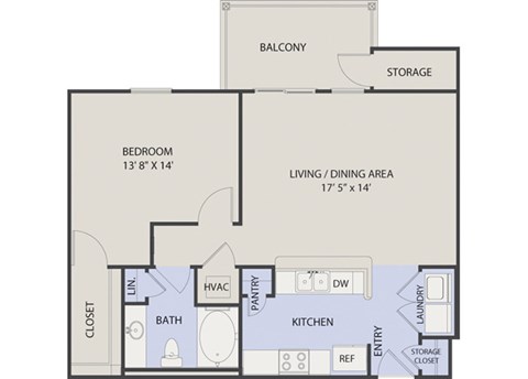 Floor plan for 1 bed, 1 bath, 767 sqft