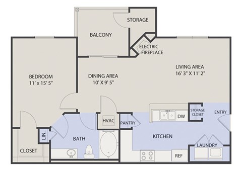 Floor plan for 1 bed, 1 bath, 823 sqft