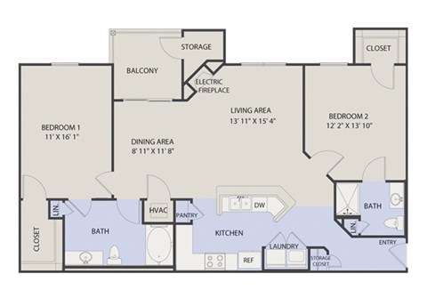 Floor plan for 2 beds, 2 baths, 1197 sqft