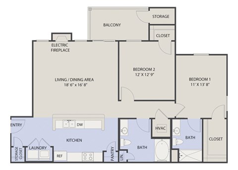 Floor plan for 2 beds, 2 baths, 1202 sqft