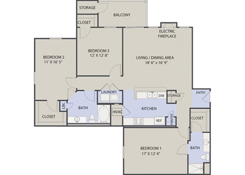 Floor plan for 3 beds, 2 baths, 1512 sqft
