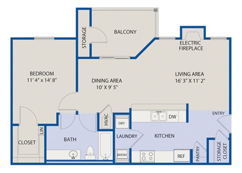 Floor plan for 1 bed, 1 bath, 823 sqft