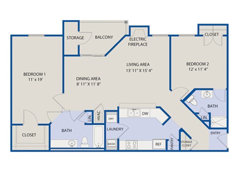 Floor plan for 2 beds, 2 baths, 1197 sqft