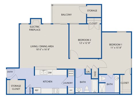 Floor plan for 2 beds, 2 baths, 1202 sqft