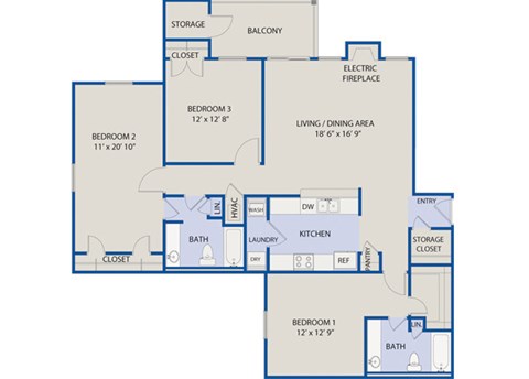 Floor plan for 3 beds, 2 baths, 1512 sqft