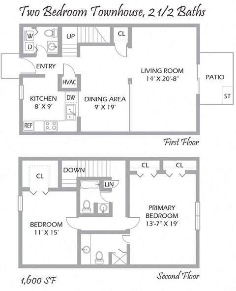 Floor plan for 2 beds, 2.5 baths, 1600 sqft