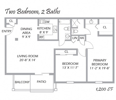 Floor plan for 2 beds, 2 baths, 1200 sqft
