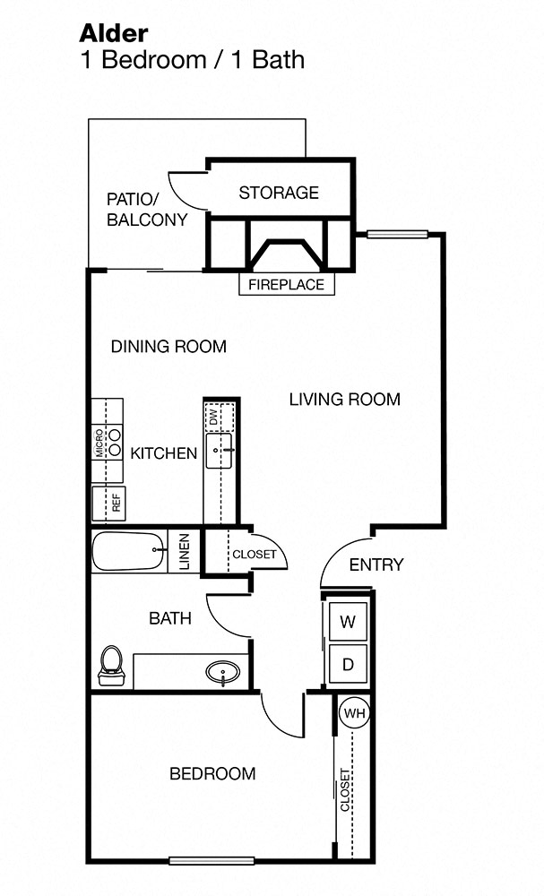 Floor plan for 1 bed, 1 bath, 687 sqft