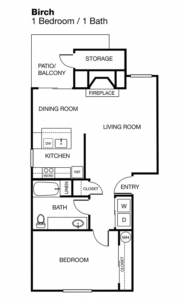 Floor plan for 1 bed, 1 bath, 711 sqft