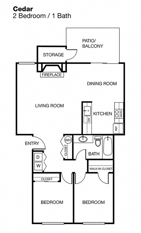 Floor plan for 2 beds, 1 bath, 859 sqft