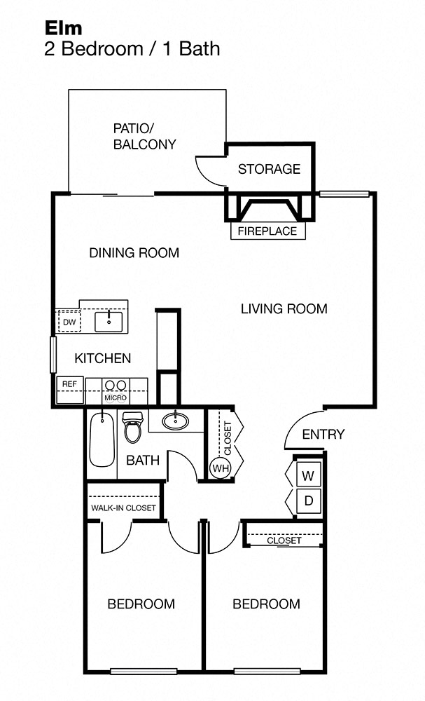 Floor plan for 2 beds, 1 bath, 883 sqft