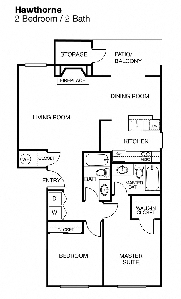 Floor plan for 2 beds, 2 baths, 953 sqft