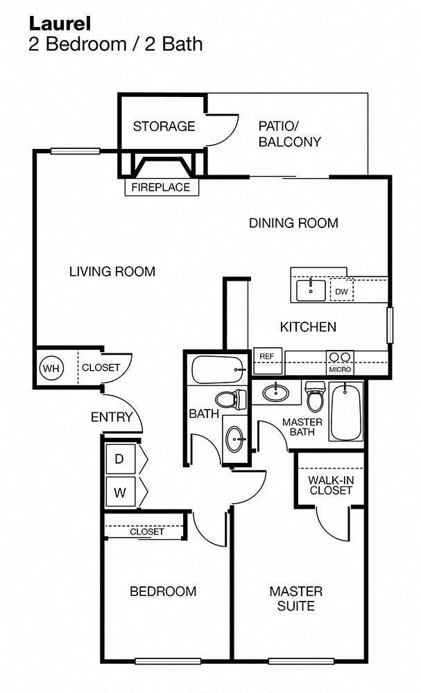 Floor plan for 2 beds, 2 baths, 979 sqft