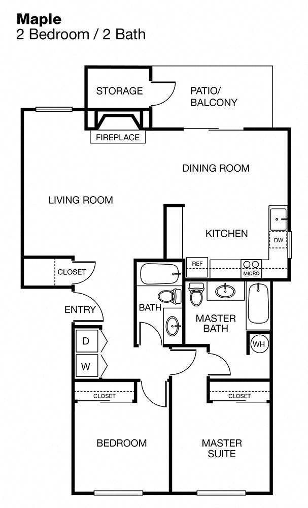Floor plan for 2 beds, 2 baths, 1018 sqft
