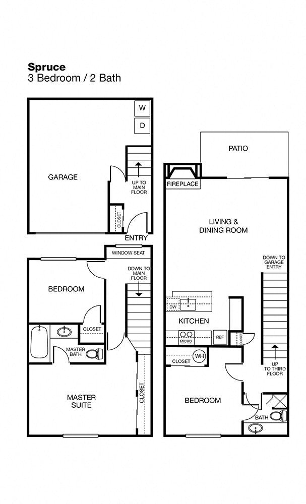 Floor plan for 3 beds, 2 baths, 1243 sqft