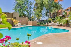 Escondido apartment for rent - Outdoor swimming pool with pink flowers beside it at Woodlake, Escondido, CA, 92027