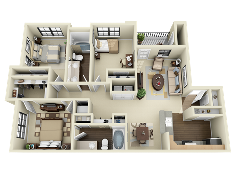 Floor plan for 3 beds, 2 baths, 1250 sqft