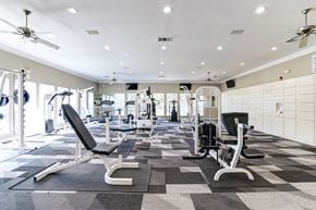 Dallas apartment for rent - A gym with a variety of equipment including treadmills, weights, and exercise machines.