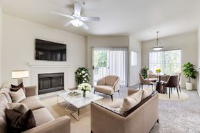 Scottsdale apartment for rent - Living room with high ceilings and fireplace at Ventana, Scottsdale, Arizona