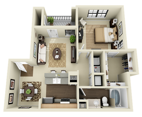 Floor plan for 1 bed, 1 bath, 738 sqft