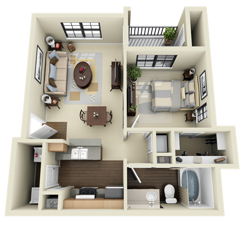 Floor plan for 1 bed, 1 bath, 637 sqft