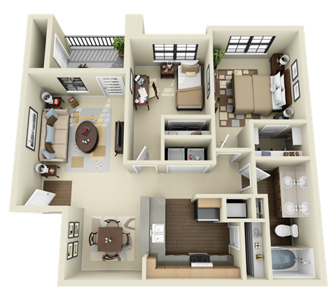Floor plan for 2 beds, 1 bath, 912 sqft