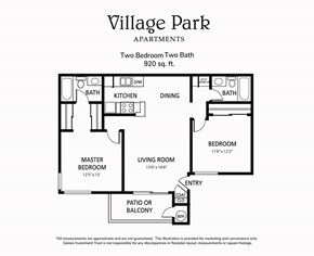 Encinitas apartment for rent - A black and white image of a floor plan for a two bedroom, two bath apartment.