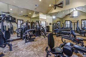 Dallas apartment for rent - A spacious gym with a variety of equipment including treadmills, weights, and exercise machines.