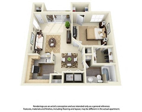 Floor plan for 1 bed, 1 bath, 653 sqft