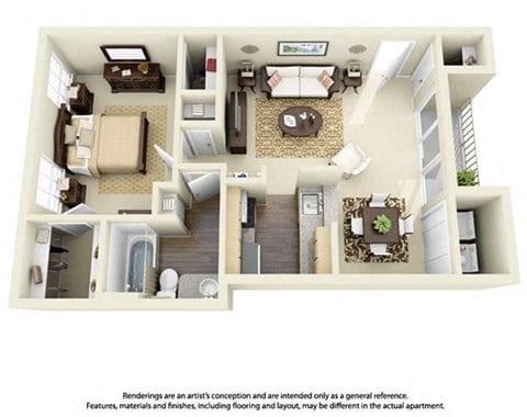 Floor plan for 1 bed, 1 bath, 653 sqft