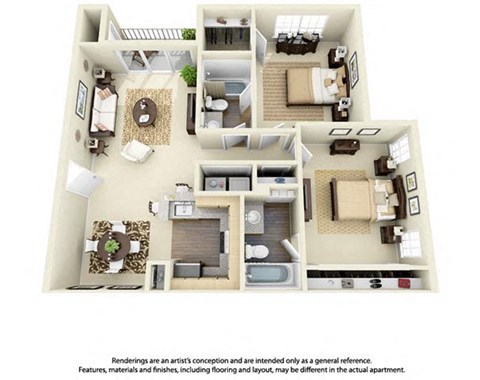 Floor plan for 2 beds, 2 baths, 958 sqft