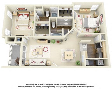 Floor plan for 2 beds, 2 baths, 1034 sqft