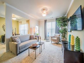 Irving apartment for rent - Well-lit apartment interior with a grey couch and television at Mission at La Villita Apartments, Texas, 75039
