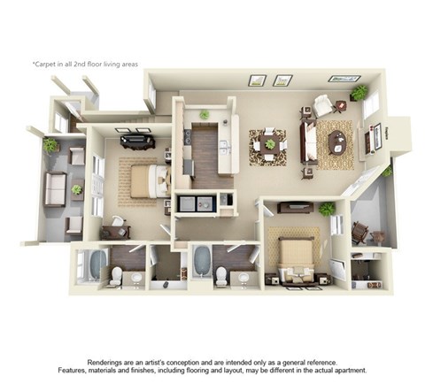 Floor plan for 2 beds, 2 baths, 1304 sqft
