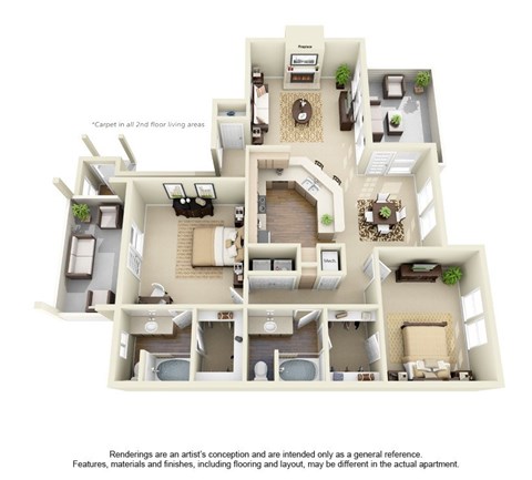 Floor plan for 2 beds, 2 baths, 1391 sqft