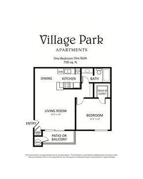 Encinitas apartment for rent - A floor plan for a 700 square foot apartment with one bedroom and one bath.