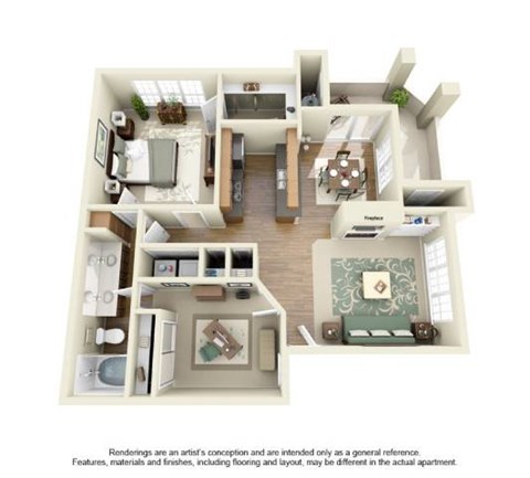 Floor plan for 1 bed, 1 bath, 975 sqft