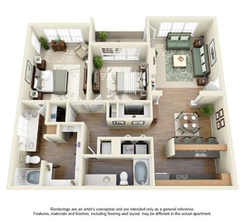 Floor plan for 2 beds, 2 baths, 1286 sqft