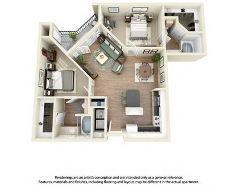Floor plan for 2 beds, 2 baths, 1227 sqft