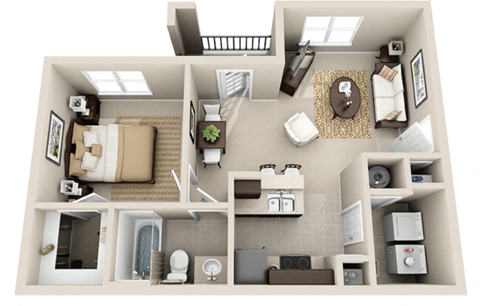 Floor plan for 1 bed, 1 bath, 678 sqft