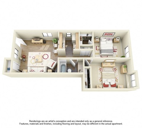 Floor plan for 2 beds, 1 bath, 803 sqft