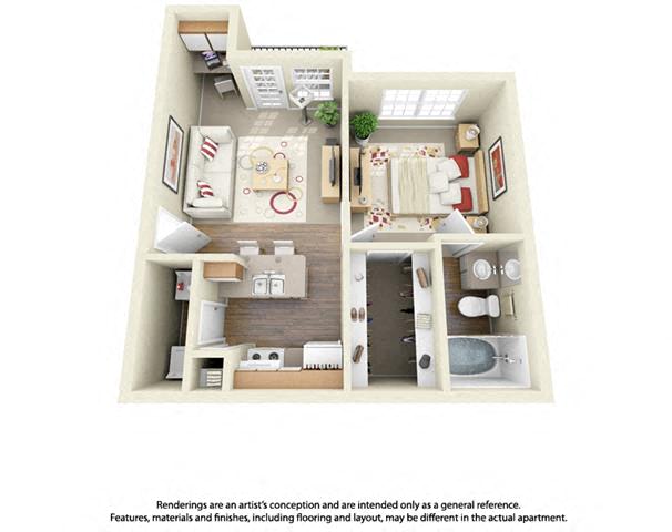 Floor plan for 1 bed, 1 bath, 573 sqft