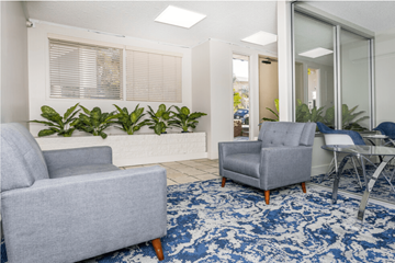 Los Angeles apartment for rent - a living room with two gray chairs and a blue rug