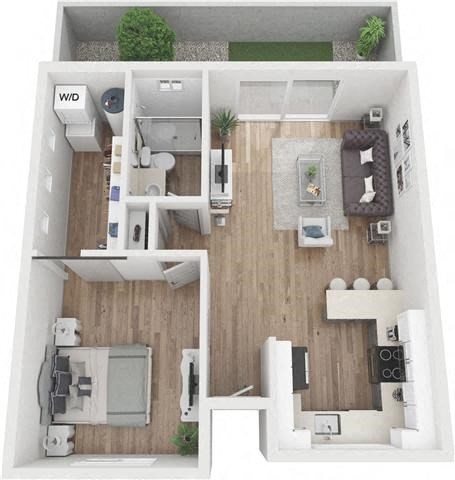 Floor plan for 1 bed, 1 bath, 676 sqft